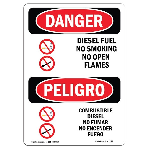 Safety Sign, OSHA Danger, 24" Height, Aluminum, Diesel Fuel No Smoking Bilingual Spanish